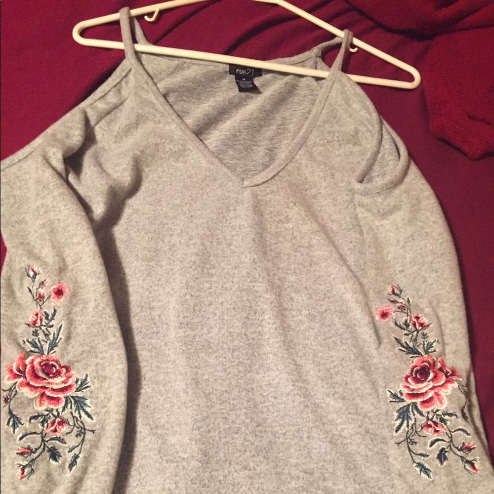 Rose Embroidered Long Sleeve Off Shoulder Top
